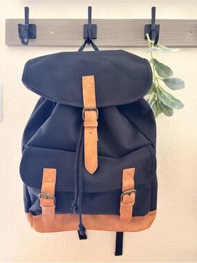 Black XL Canvas Backpack w/Camel Faux Leather Trim Minimalist, School Travel Bag